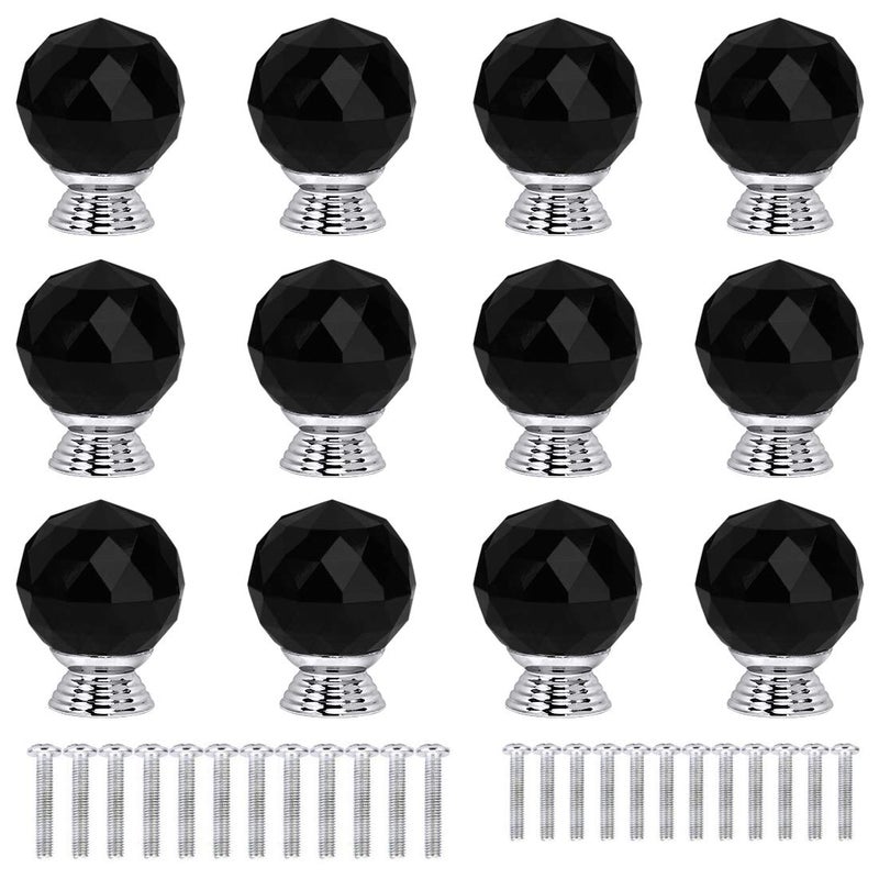 ANJUU 12 Pcs 30mm Round Shape Crystal Glass Cabinet Knobs with Screws Drawer Knob Pull Handle Used for Kitchen, Dresser, Door, Cupboard(Black) - Image 1